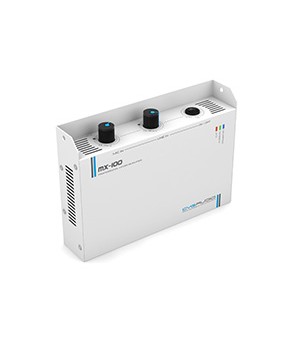 MX-100 – миниатюрный двухканальный D-class low-impedance микшер-усилитель с возможностью настенной установки и блокировкой панели с элементами управления.